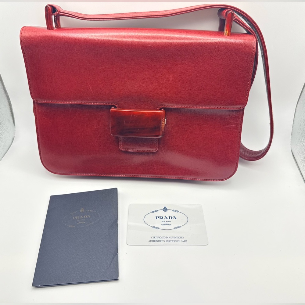 VINTAGE Prada Madras Bachel Leather Flap Bag - Porpora Red Tortoise - Picture 3 of 15